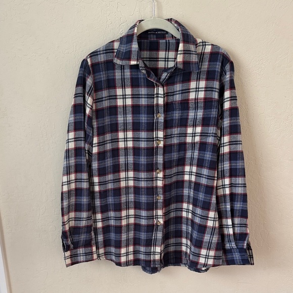 Brandy Melville Navy and Red Plaid Button Down Shirt - Picture 1 of 3